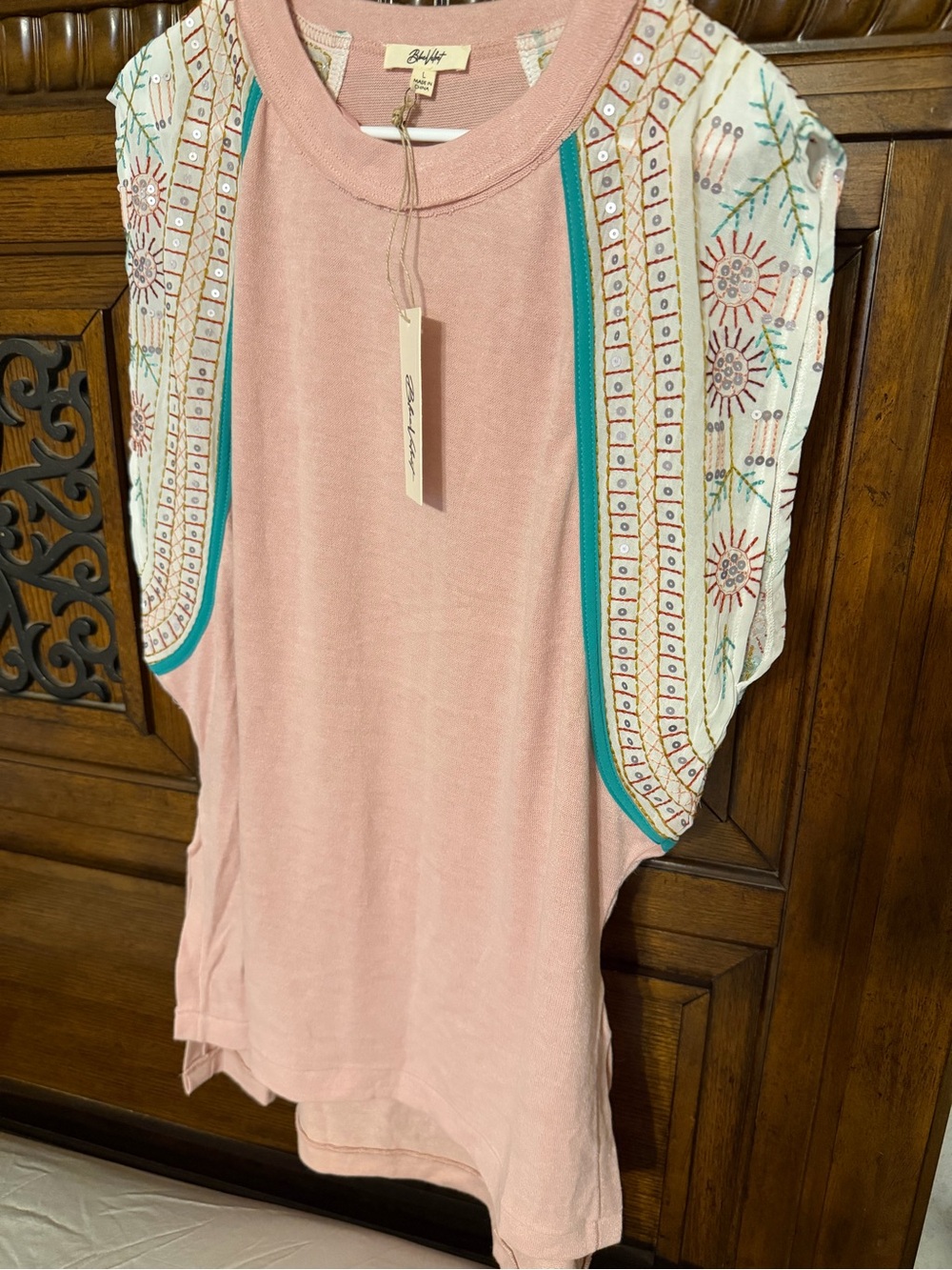 NWT Blue Velvet Boho Embroidered Sequin Cap Sleeve Top Pink L